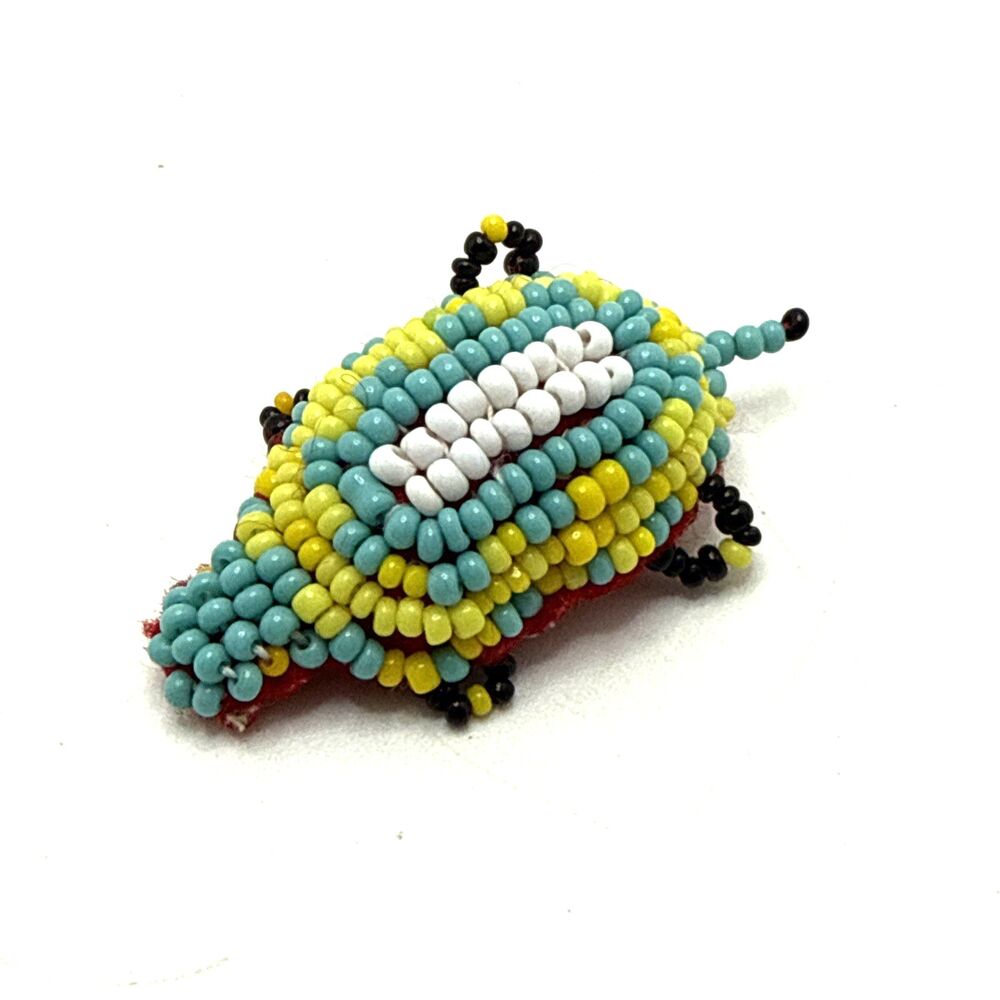 Vintage Hand Made Native American Turtle Brooch Blue Yellow White Seed Beads 2"
